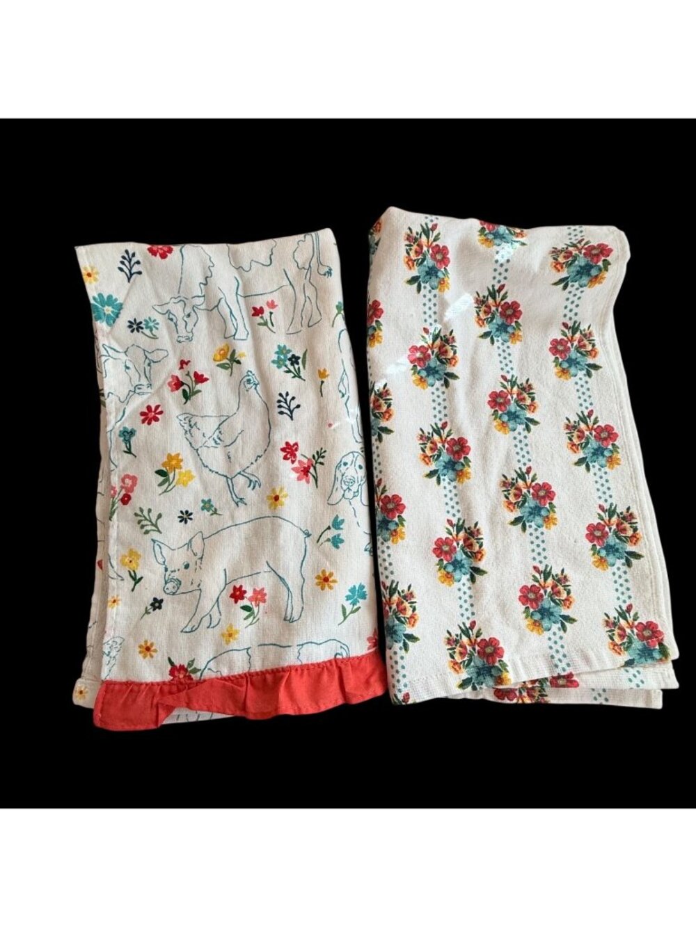 2 NWOT The Pioneer Woman Cotton Kitchen Towels Farm Animals Ruffle Cottagecore